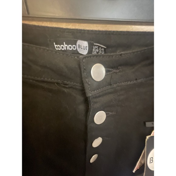 Boohoo Blue Women's Black High Rise button fly Comfort Skinny Denim Jeans 20 - Picture 2 of 3